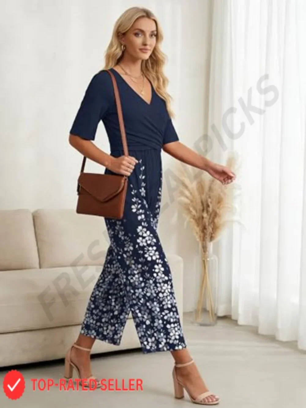 Women's Boho Floral V Neck Short Sleeve Wide Leg Jumpsuit with Pockets